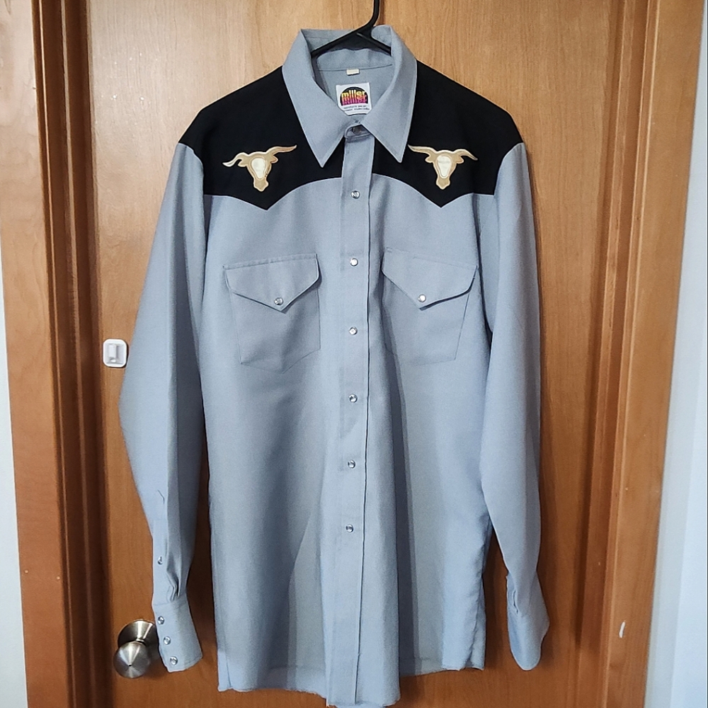 Vintage Miller Western Wear Gray Pearl Snap Rodeo Shirt 16.5-35 USA